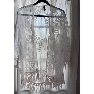 Lane Bryant White Sheer Kimono Cover Up 14/16 Embroidered Boho Tassel Open Front